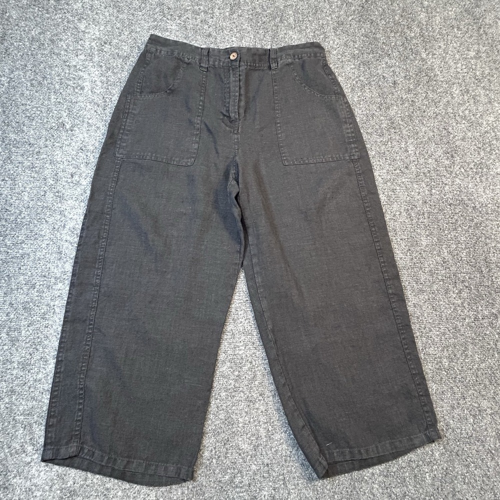 Chicos 100% linen wide leg capris Crop Pant Black Sz 1 Coastal Lagenlook Slouchy